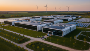 Campus de data center do Google na Bélgica com infraestrutura de energia renovável.