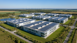 Campus de data center do Google na Bélgica com painéis solares e turbinas eólicas