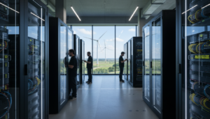 Centro de dados moderno do Google na Bélgica com turbinas eólicas ao fundo.