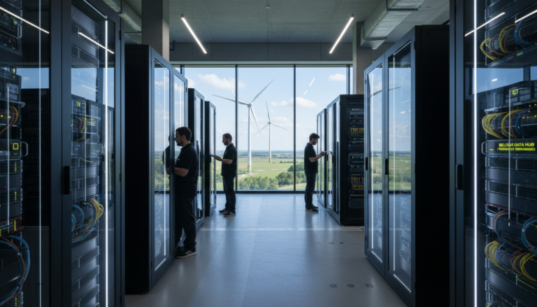 Centro de dados moderno do Google na Bélgica com turbinas eólicas ao fundo.