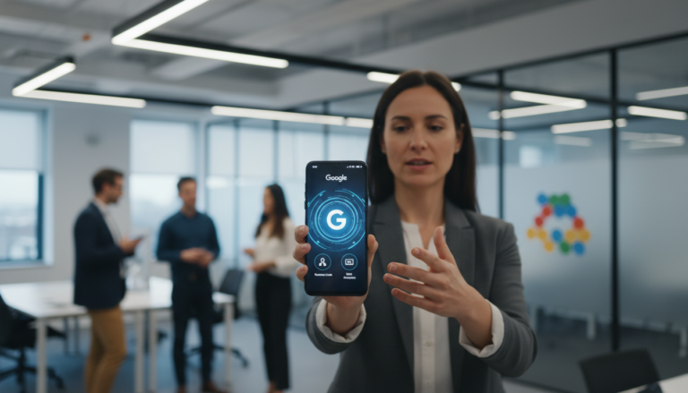Profissional demonstrando recurso de chamadas comerciais com IA no smartphone.