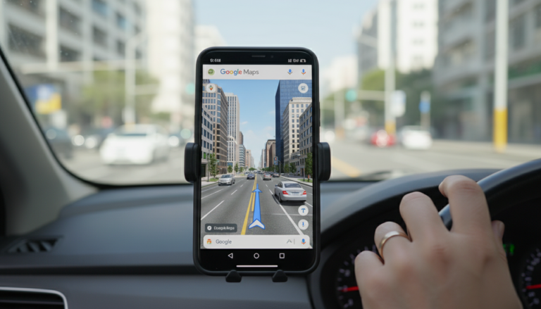Smartphone exibindo nova interface 3D do Google Maps com navegação imersiva
