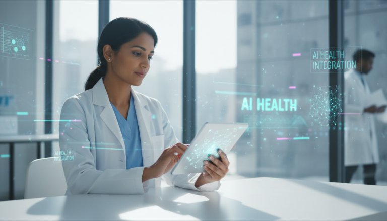 Médica interagindo com ferramenta de IA em tablet em ambiente hospitalar