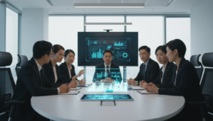 Executivos discutindo governança de inteligência artificial em sala de reuniões