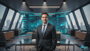 Sérgio Lopes, líder do Alun Future Studio, em seu escritório com elementos de inteligência artificial ao fundo.