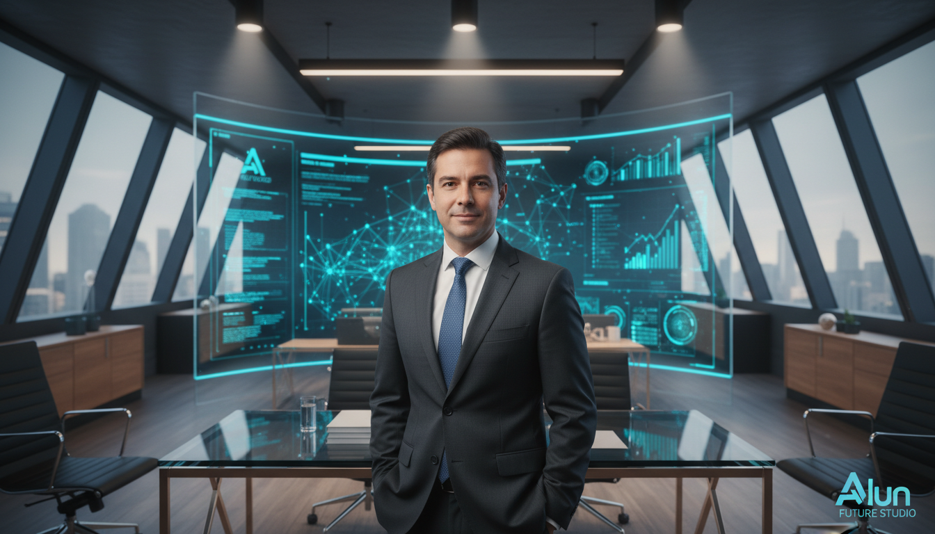 Sérgio Lopes, líder do Alun Future Studio, em seu escritório com elementos de inteligência artificial ao fundo.