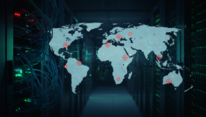 Data center moderno com projeção holográfica do Oriente Médio indicando ciberataques.