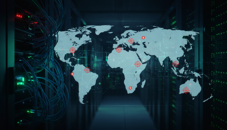 Data center moderno com projeção holográfica do Oriente Médio indicando ciberataques.