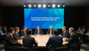 Mesa redonda no I Encontro Internacional sobre Inovações em Saúde Mental discutindo tecnologia e IA.