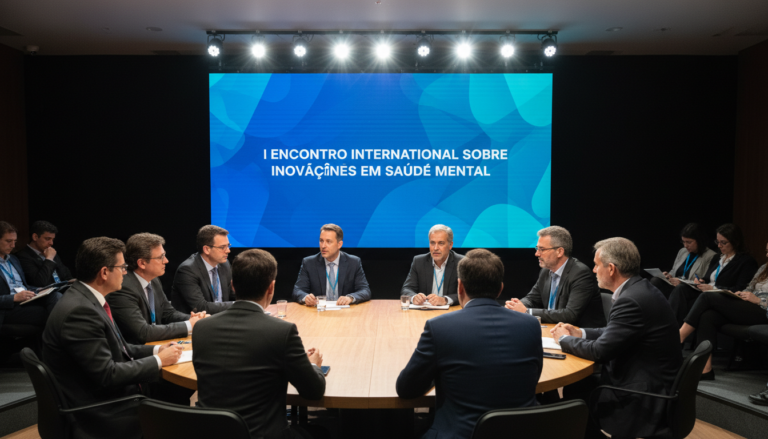 Mesa redonda no I Encontro Internacional sobre Inovações em Saúde Mental discutindo tecnologia e IA.