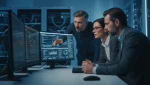 Engenheiros de software colaborando em torno de monitores exibindo código e gráficos, com foco em IA