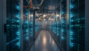 Centro de dados moderno na área do euro, representando a infraestrutura para IA.
