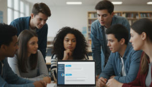 Jovens observando atenciosamente a tela de um laptop exibindo uma interface de chatbot de Inteligência Artificial.