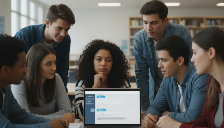 Jovens observando atenciosamente a tela de um laptop exibindo uma interface de chatbot de Inteligência Artificial.