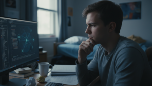 Estudante universitário refletindo sobre a influência da inteligência artificial em seu aprendizado de código.