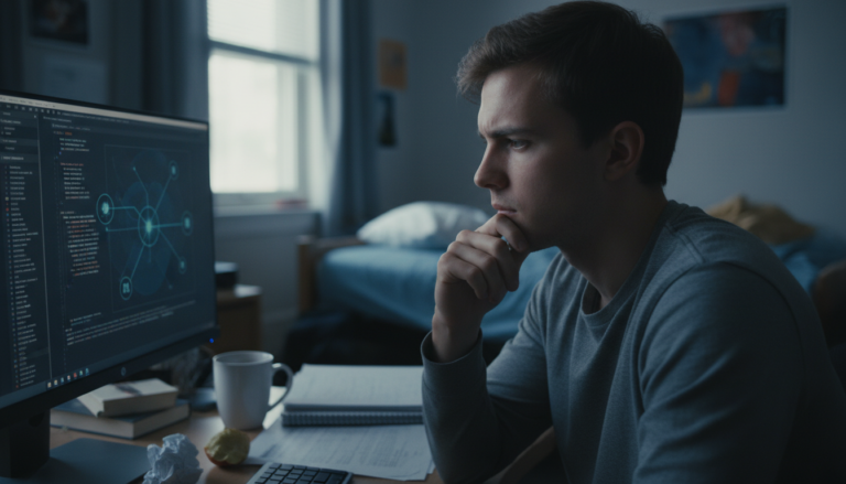 Estudante universitário refletindo sobre a influência da inteligência artificial em seu aprendizado de código.