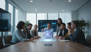 Profissionais discutindo projeções de IA em sala de reunião futurista