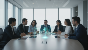 Executivos discutindo o futuro da inteligência artificial em uma sala de reuniões moderna