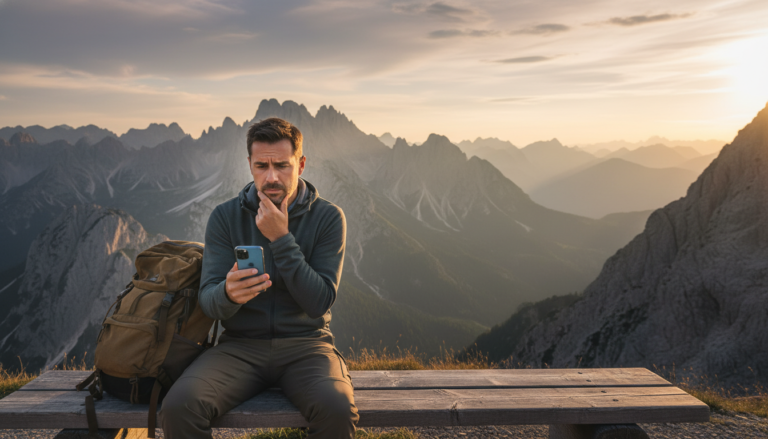 Viajante confuso olhando para o celular em um mirante de montanha