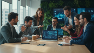 Equipe colaborando em escritório moderno com ferramentas de IA