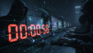 Ilustração de um relógio digital com contagem regressiva rápida sobre uma rede de dados, simbolizando a velocidade dos ataques cibernéticos impulsionados por IA.
