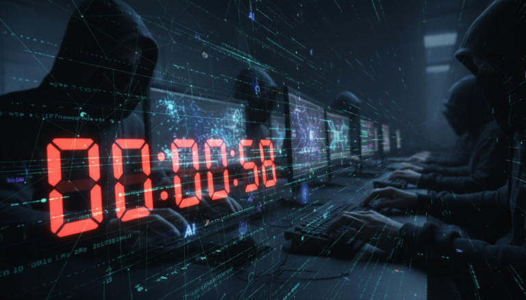 Ilustração de um relógio digital com contagem regressiva rápida sobre uma rede de dados, simbolizando a velocidade dos ataques cibernéticos impulsionados por IA.