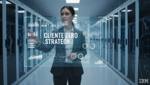 Executivo da IBM interagindo com dados de IA em um centro de dados