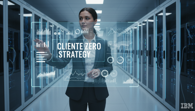 Executivo da IBM interagindo com dados de IA em um centro de dados
