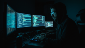 Hacker utilizando inteligência artificial para explorar falhas de segurança em um computador.
