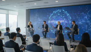 Painel de discussão sobre os impactos macroeconômicos da inteligência artificial em evento ILO Live