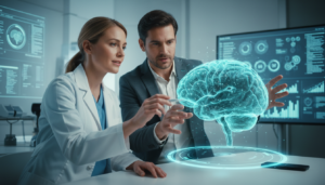 Médico e cientista colaborando com IA em análise de tumor cerebral