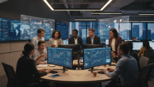 Jornalistas e engenheiros colaborando em uma redação moderna com tecnologia de IA