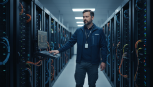 Centro de dados com servidores Nvidia, engenheiro inspecionando tecnologia de IA