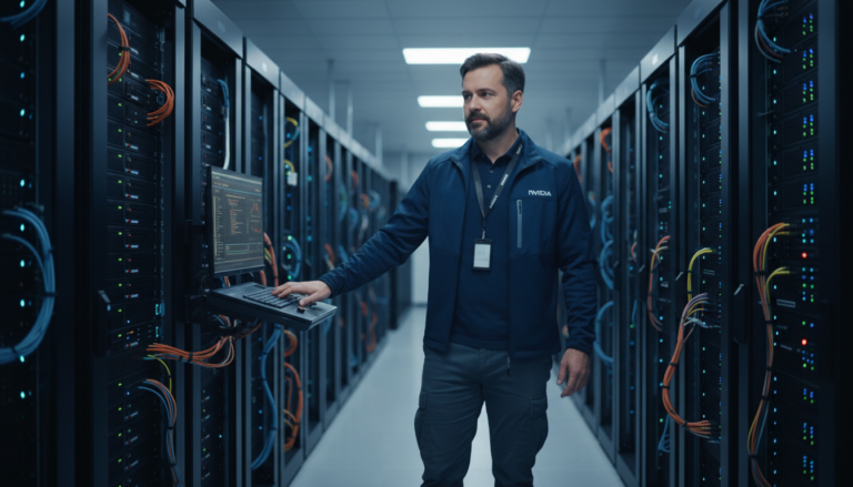 Centro de dados com servidores Nvidia, engenheiro inspecionando tecnologia de IA