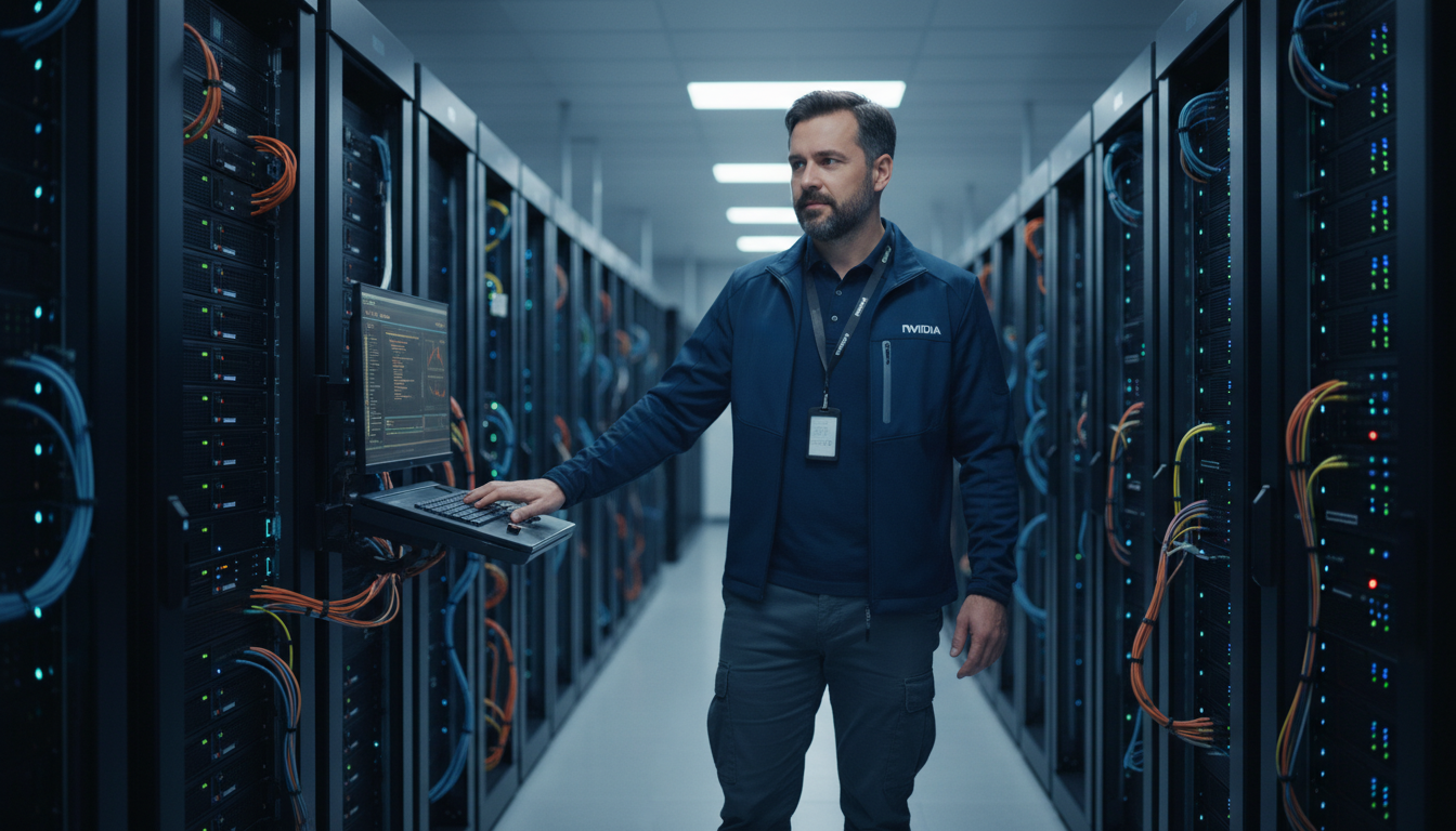 Centro de dados com servidores Nvidia, engenheiro inspecionando tecnologia de IA