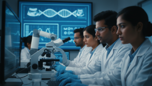 Cientistas indianos trabalhando em laboratório com tecnologia de IA para prever nascimentos prematuros