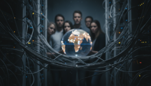 Infraestrutura de TI precária em um país em desenvolvimento, simbolizando a falta de preparo para inteligência artificial.
