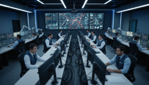 Centro de controle de tráfego em São Paulo utilizando inteligência artificial para análise de dados e antecipação de riscos no trânsito.