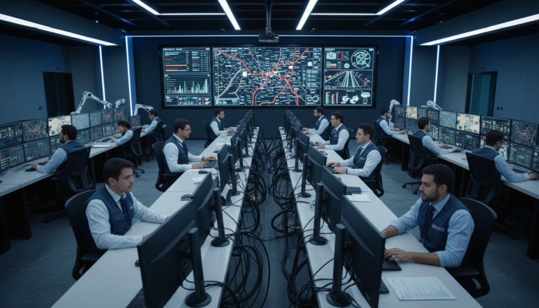 Centro de controle de tráfego em São Paulo utilizando inteligência artificial para análise de dados e antecipação de riscos no trânsito.