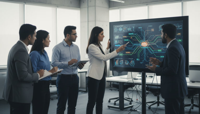 Profissionais da DXC Technology colaborando em um laboratório de inovação, analisando dados de IA em uma tela grande e interativa.