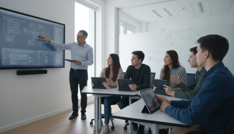 Professor e alunos utilizando tecnologia de Inteligência Artificial em sala de aula