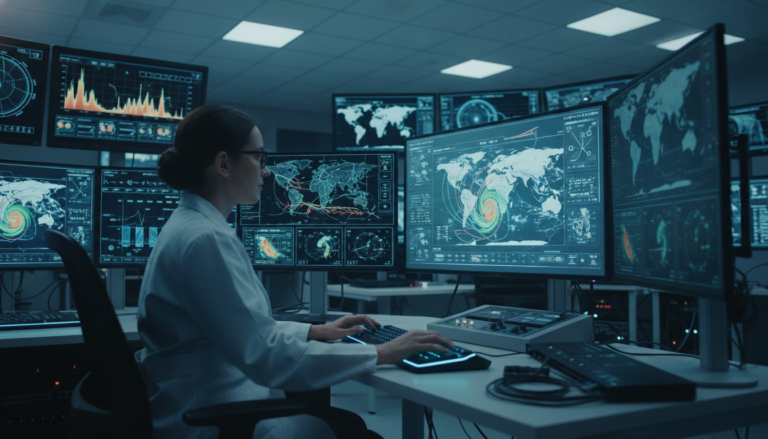 Cientista analisando dados meteorológicos em um centro de monitoramento com inteligência artificial
