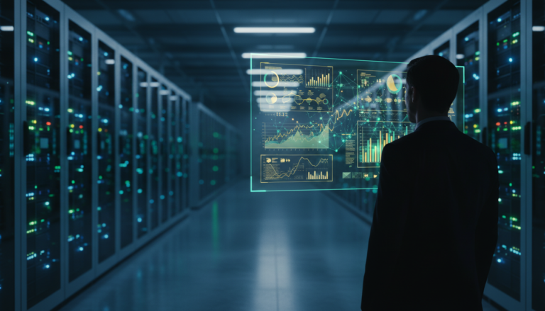Centro de dados moderno com gráficos de investimento em IA em exibição