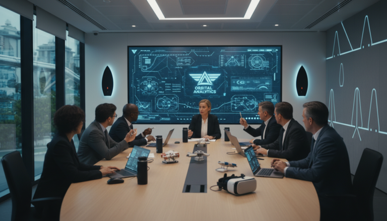 Executivos colaborando em uma sala de reunião com projeções de inteligência artificial