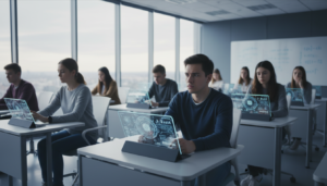 Estudantes utilizando inteligência artificial em sala de aula, com semblantes de confusão e tédio.