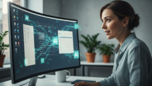 Ilustração da inteligência artificial operando dentro de um computador, com elementos visuais que representam a automação de tarefas