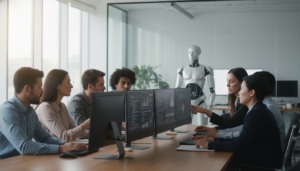 Profissionais colaborando em um escritório com tecnologia de inteligência artificial