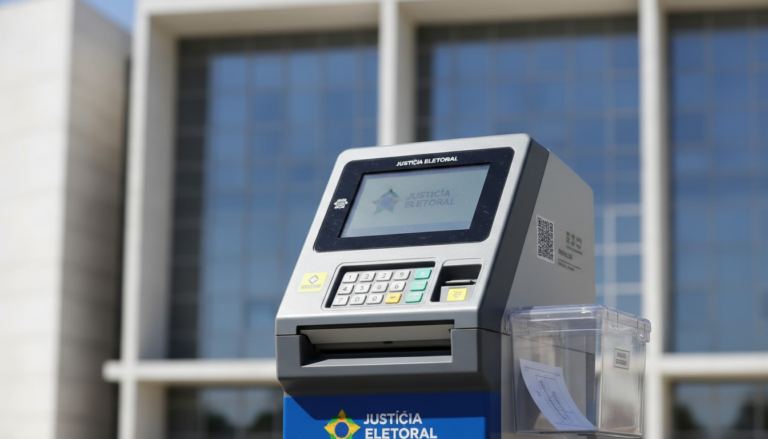 Urna eletrônica com o prédio do TSE ao fundo, simbolizando a fiscalização da inteligência artificial nas eleições.