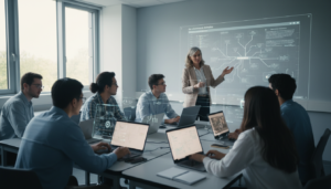 Estudantes universitários utilizando tecnologia de inteligência artificial em sala de aula