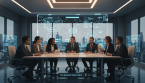 Executivos discutindo estratégias de tecnologia e inteligência artificial em um escritório moderno em 2026.